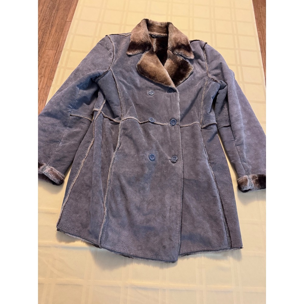 Marvin Richards Grey Genuine Leather Faux Fur Lined Pea Coat Large 73209 Y2K